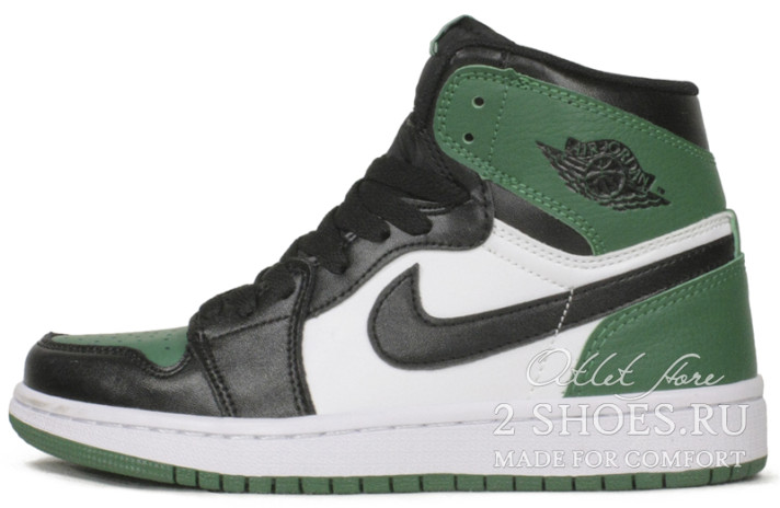 Кроссовки Nike Air Jordan 1 High Pine Green Sail Black 555088-302 черные, зеленые, кожаные